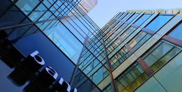 Glass and steel bank corporate building
