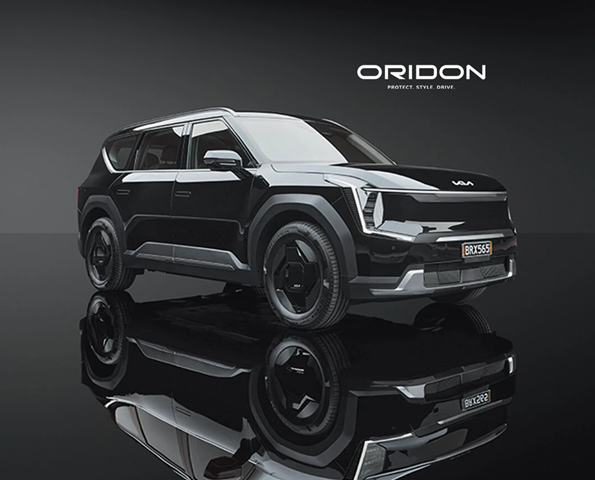 Glossy black Kia EV9 in-studio product shot.