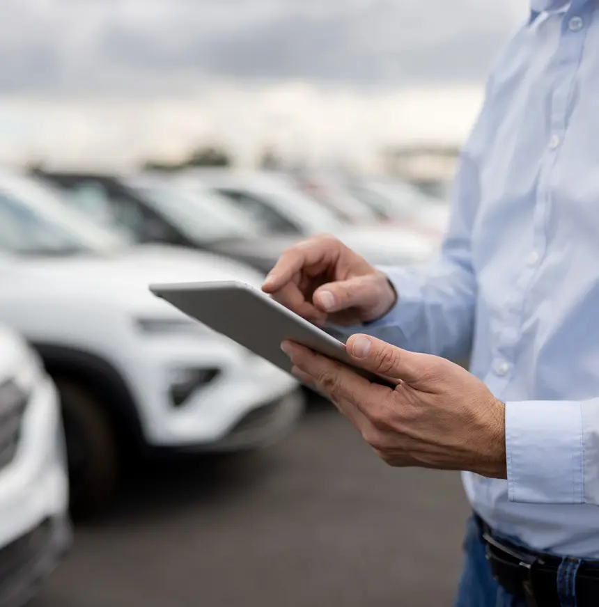 Close-up-on-a-man-using-a-tablet-computer-at-the-car-dealership