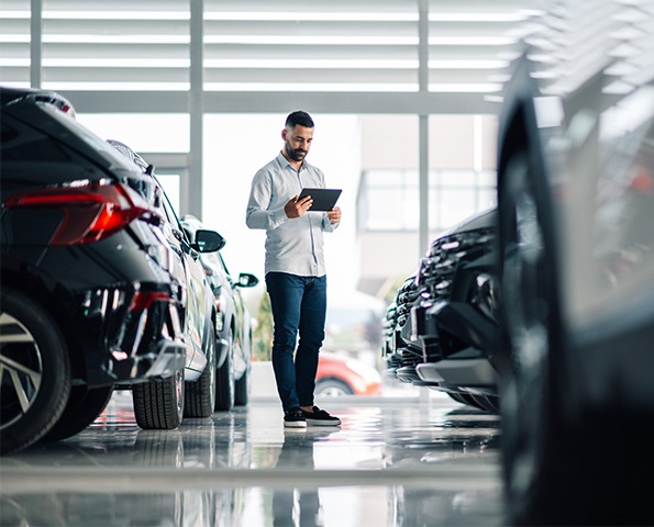 male-in-car-showroom-looking-at-tablet-with-parked-cars male-in-car-showroom-looking-at-tablet-with-parked-cars