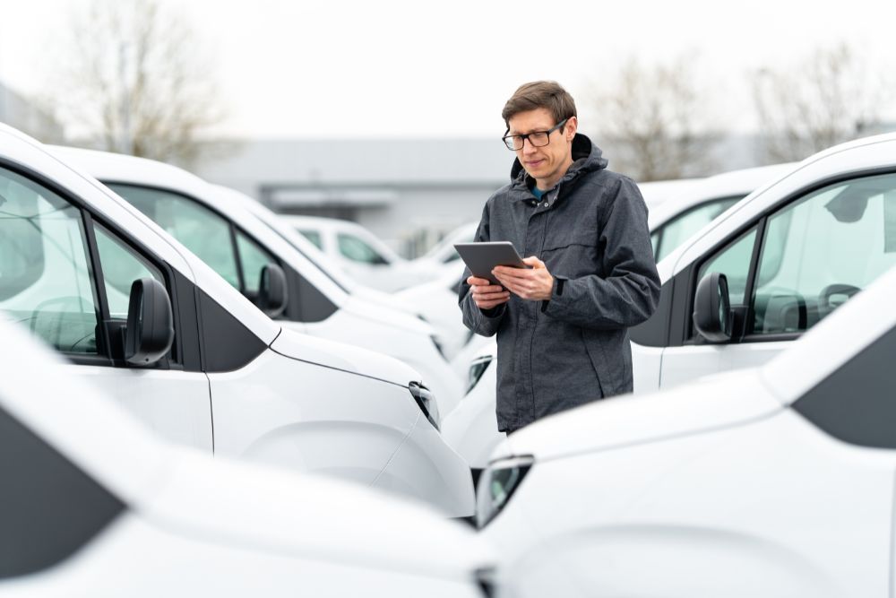 Cash allowances vs managed fleet pros and cons Cash allowances vs managed fleet pros and cons: A man in glasses and a dark jacket stands among a row of white vans in an outdoor car park, reviewing information on a tablet.