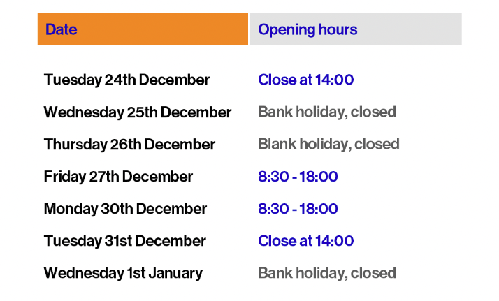 Christmas opening hours