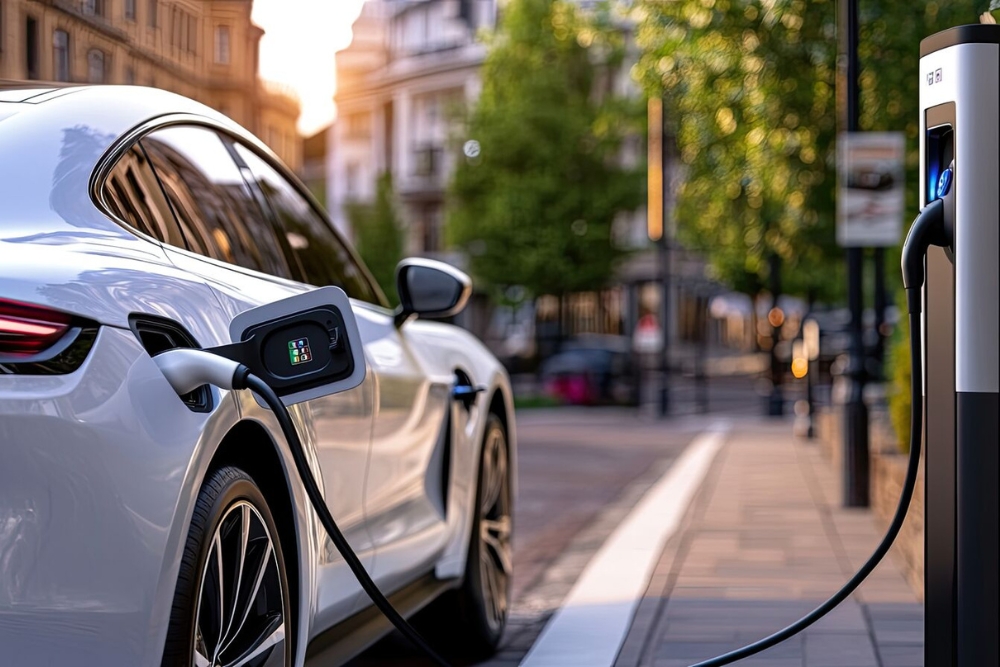 Electric car charging on a city street, connected to a public charger with trees and buildings in the background.