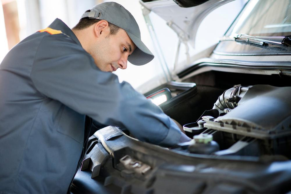 Fleet downtime Mechanic inspecting engine under bonnet, showing vehicle maintenance to reduce fleet downtime